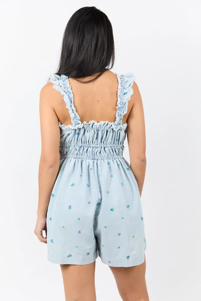 Big Sky Light Wash Denim Embroidered Romper