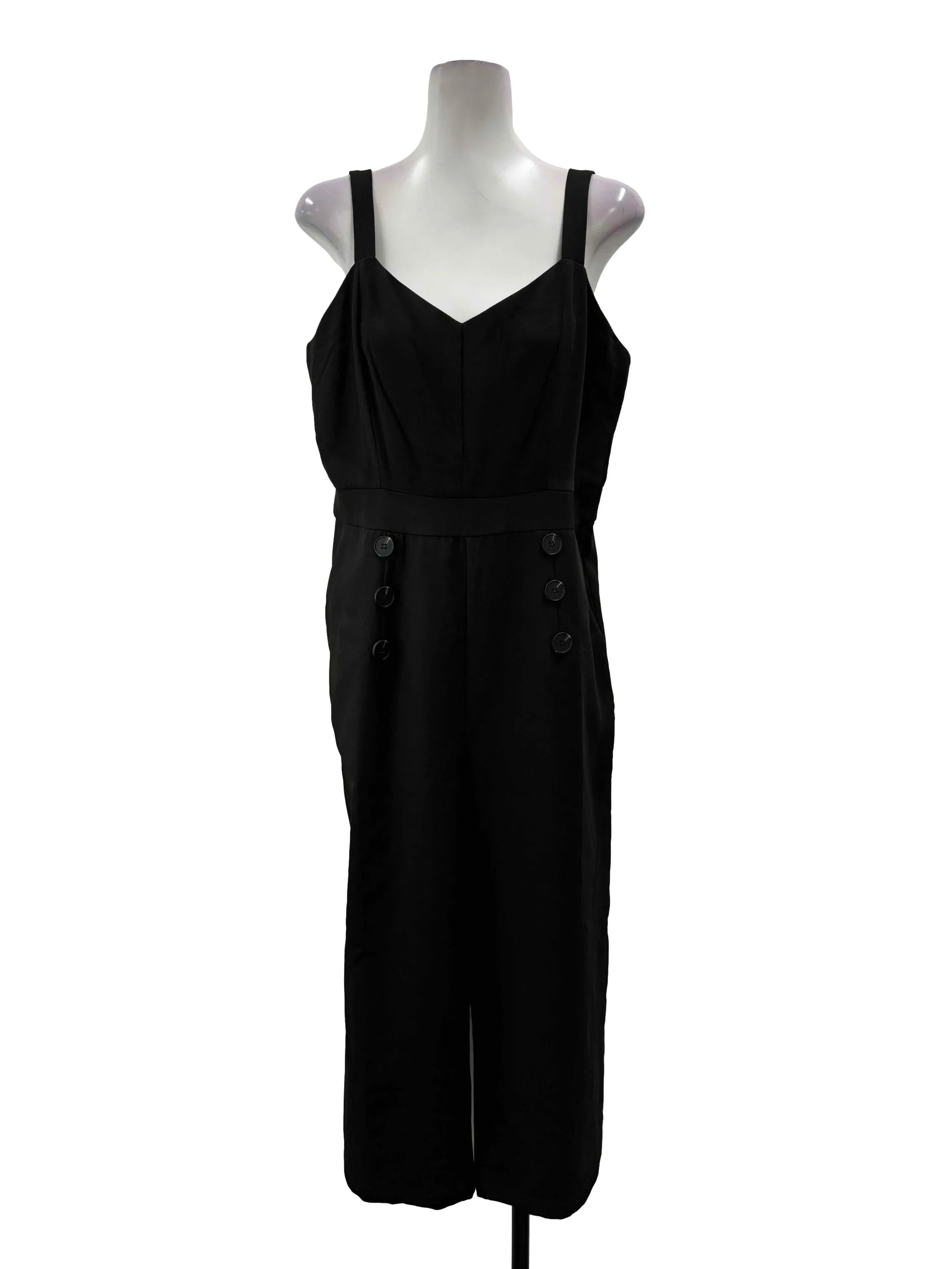 Black Button V Neck Jumpsuit