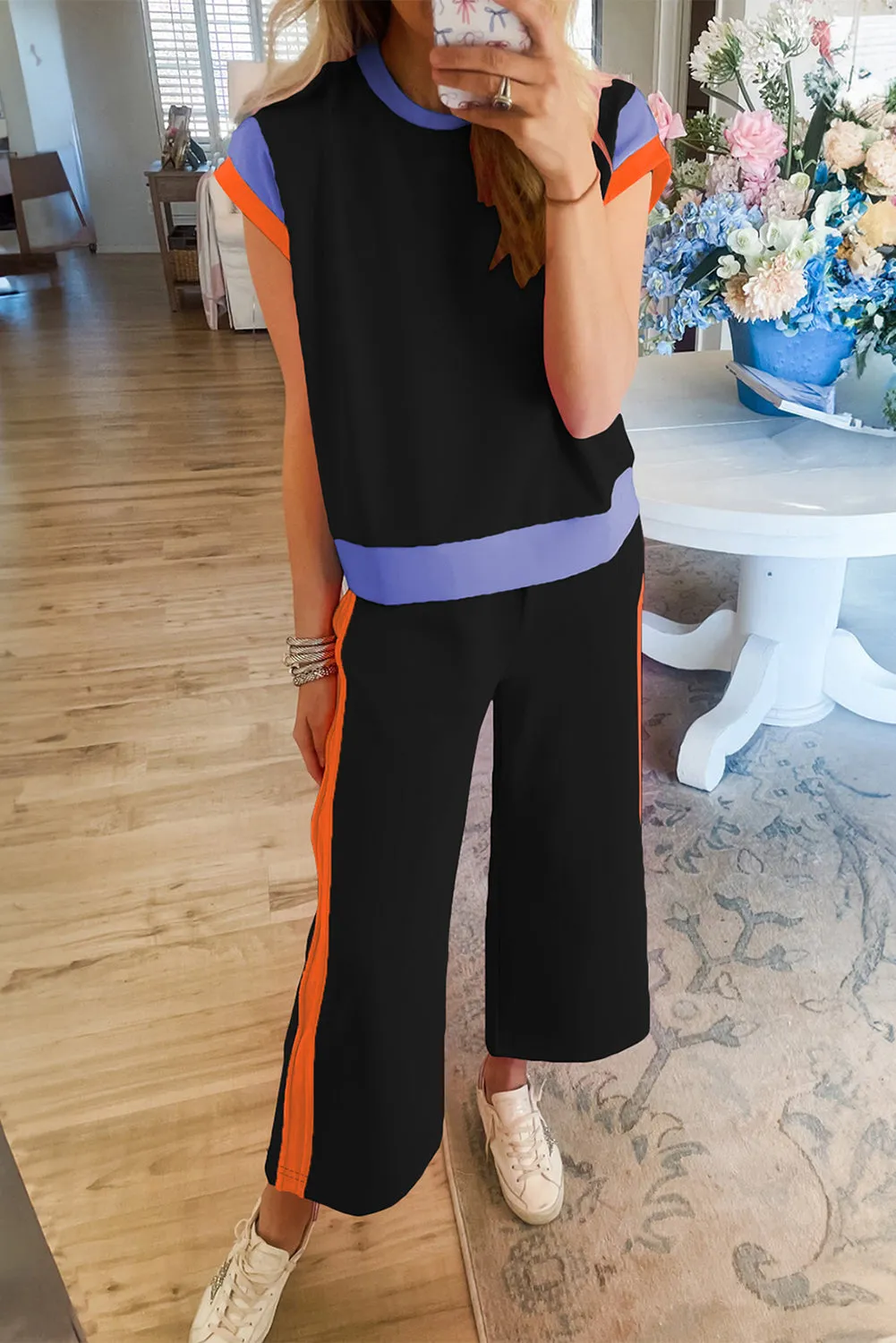 Black Color Block Detail Casual Two-piece Outfit