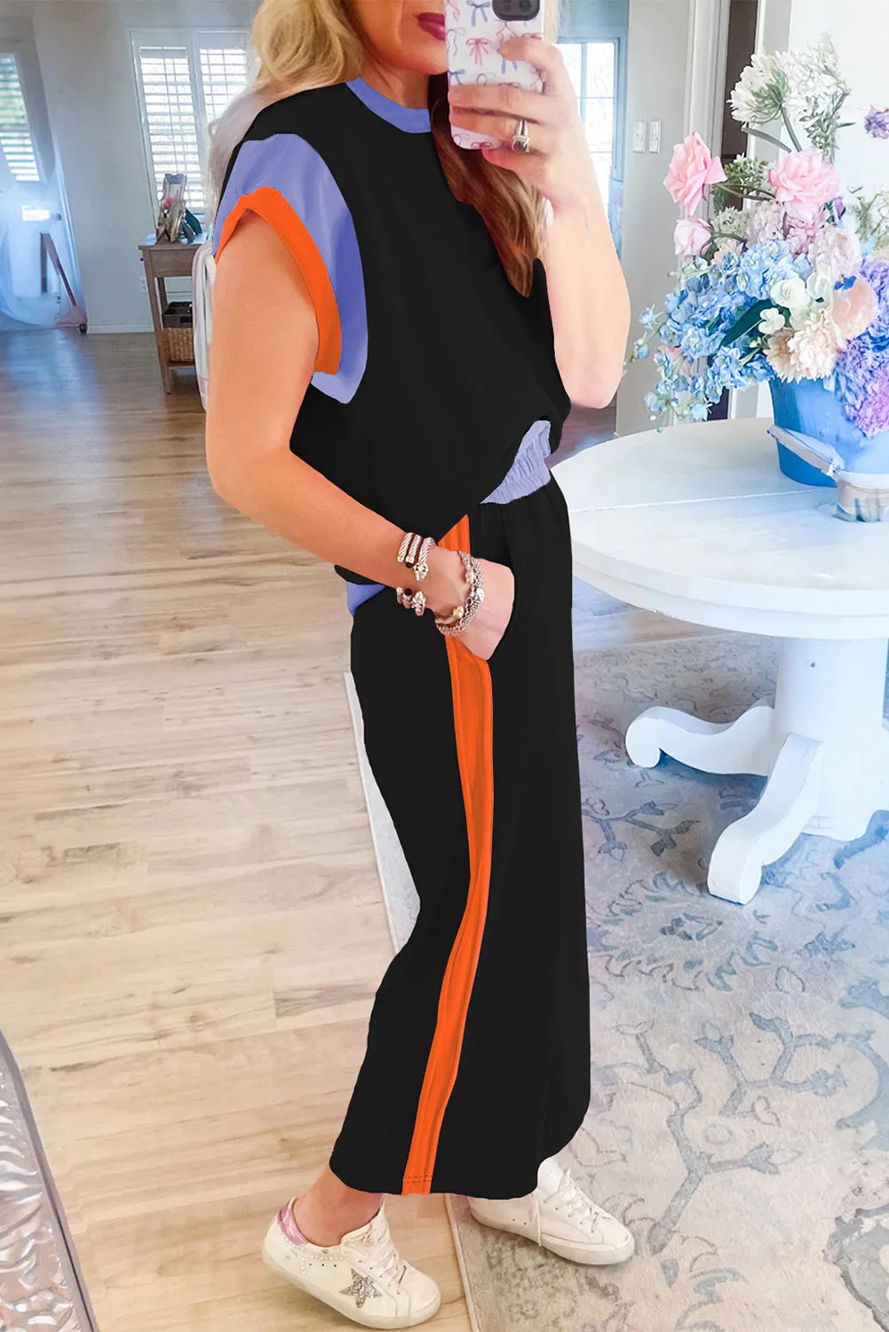 Black Color Block Detail Casual Two-piece Outfit