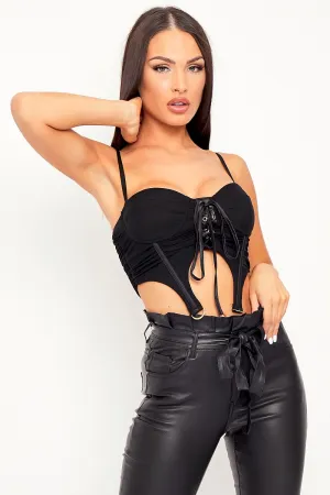 Black Corset Lace Front Crop Top - Huda