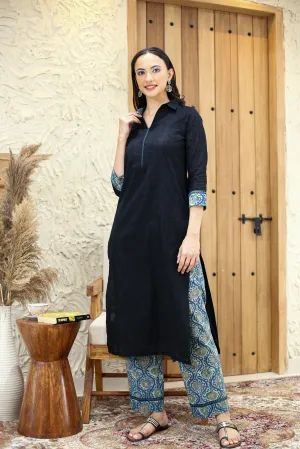 Black Cotton Dobby Ready-To-Wear Kurta With Hand Block Printed Pant