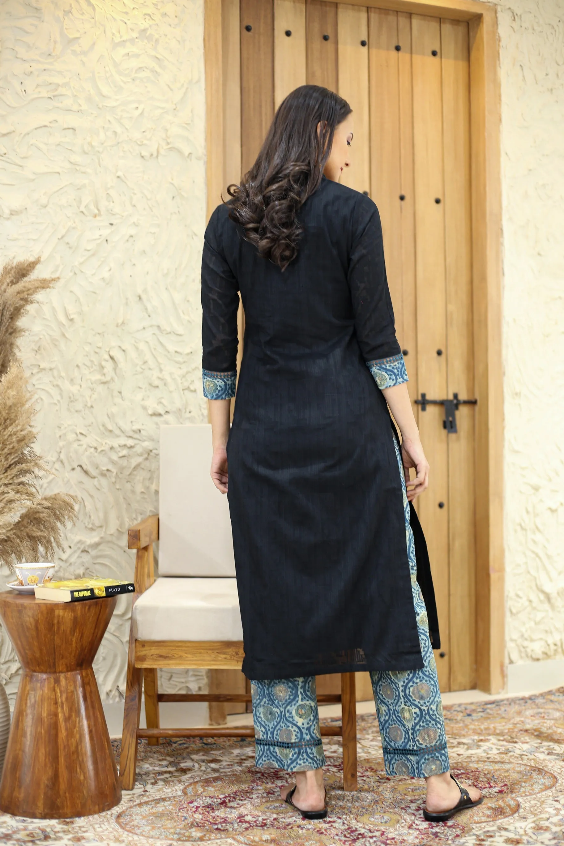 Black Cotton Dobby Ready-To-Wear Kurta With Hand Block Printed Pant