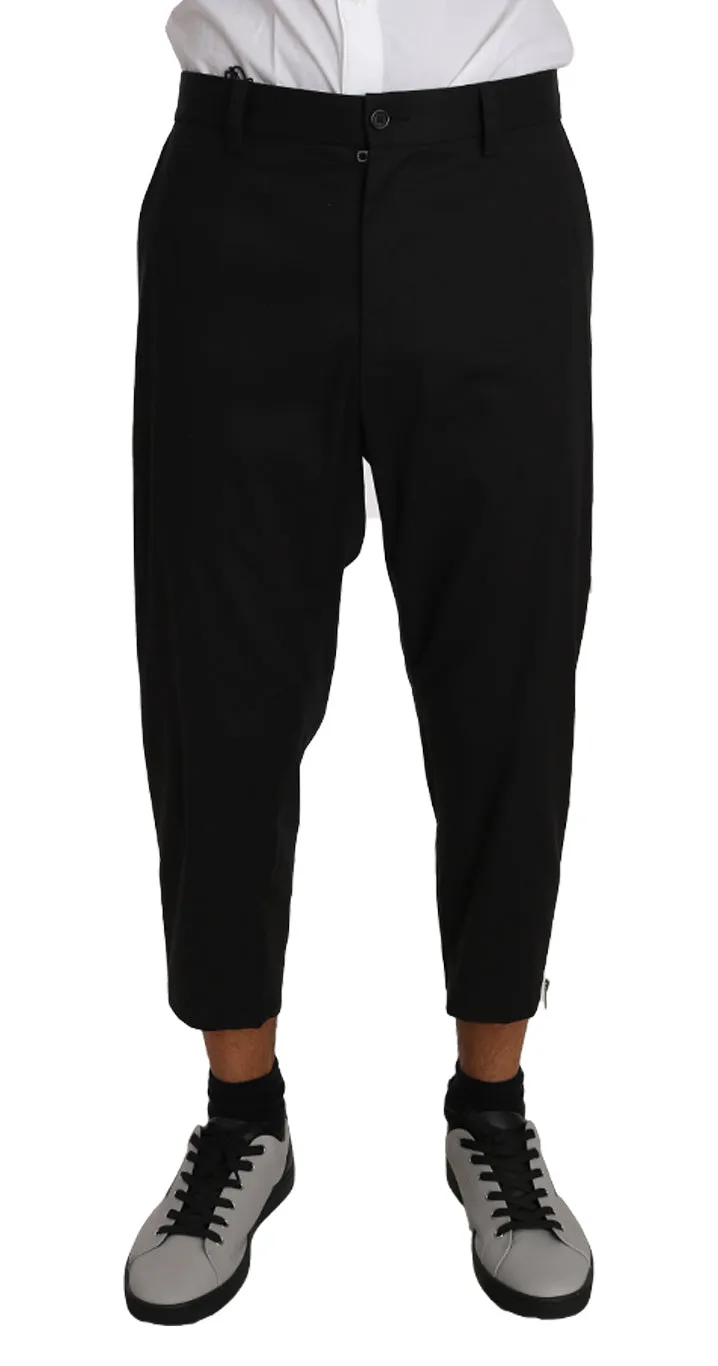 Black Cotton Stripe Casual Cropped Pants