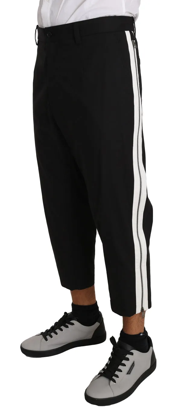 Black Cotton Stripe Casual Cropped Pants
