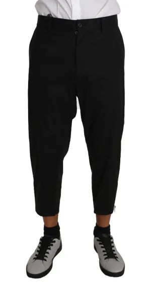 Black Cotton Stripe Casual Cropped Pants