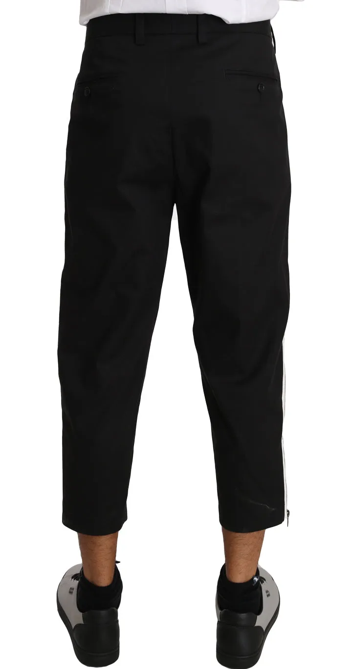Black Cotton Stripe Casual Cropped Pants