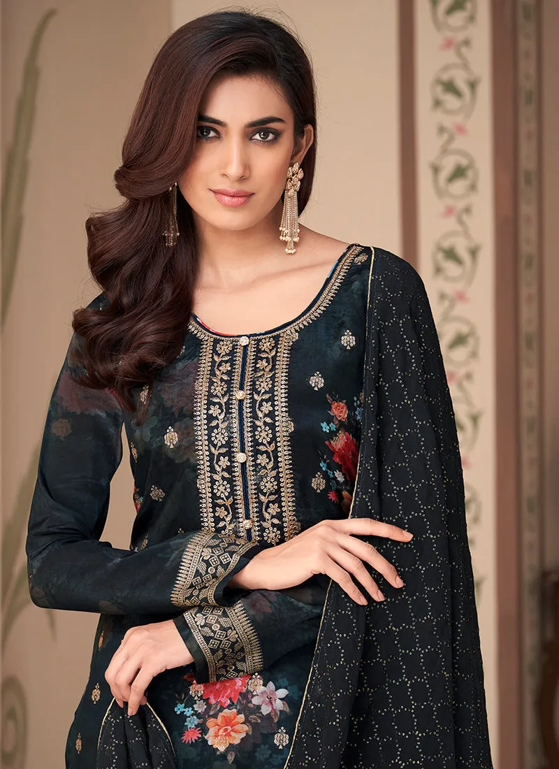 Black Embroidery Printed Jacquard Silk Pant Suit