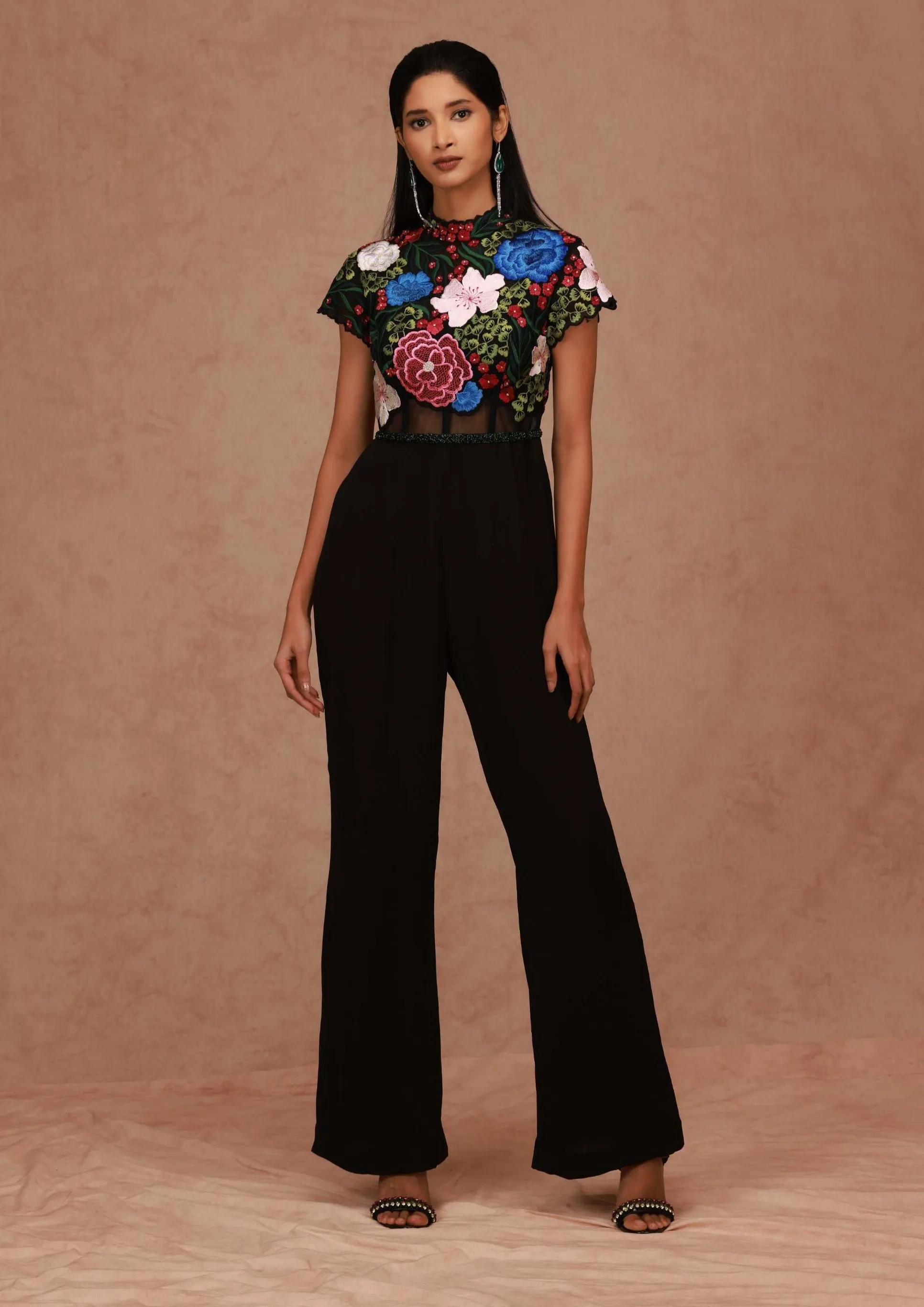 Black Floral Jumpsuit with Belt