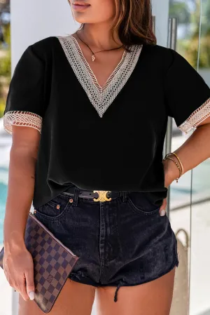 Black Lace Trim Short Sleeve V Neck Plus Size Top