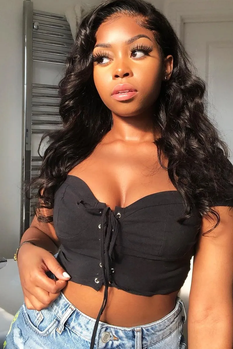 Black Lace Up Sweetheart Puff Sleeve Crop Top - Kandis