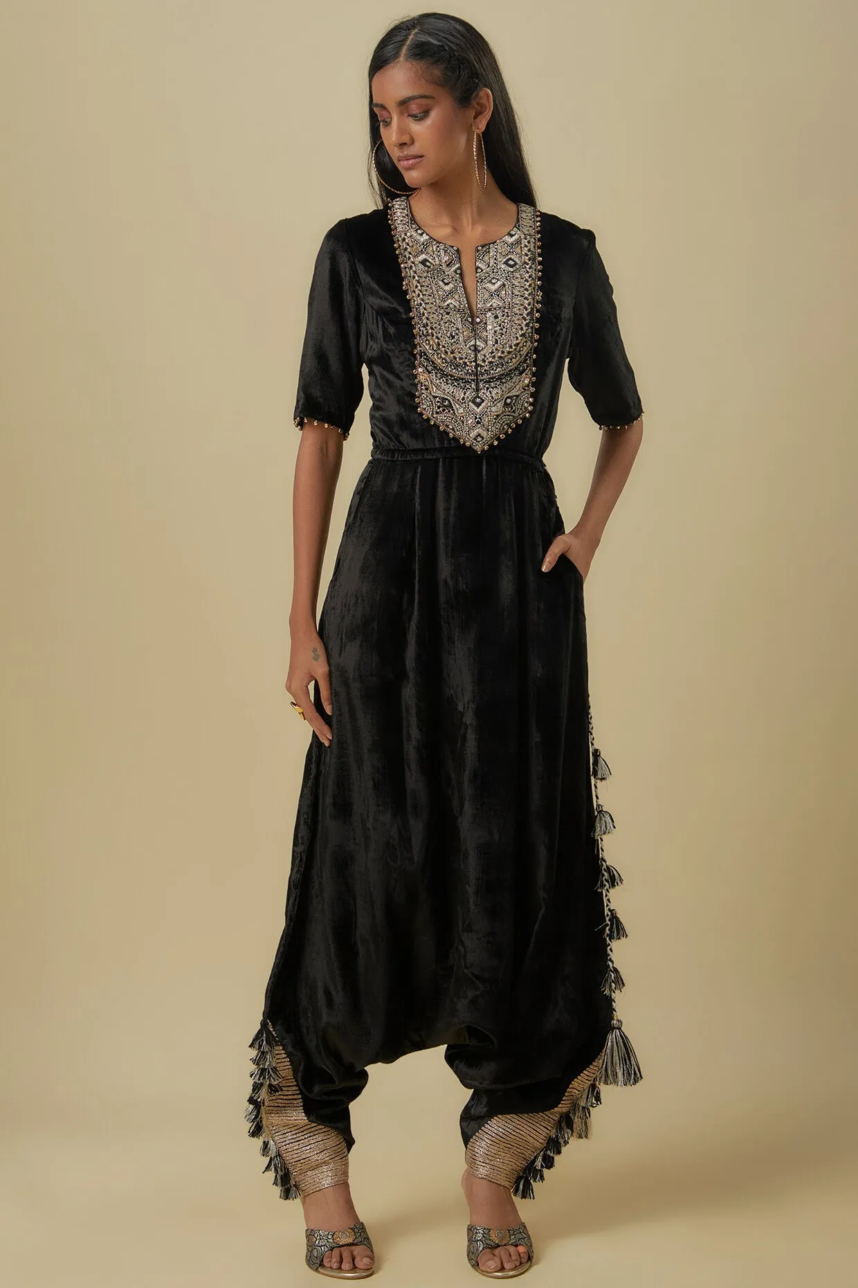 Black velvet embroidered yoke low crotch jumpsuit