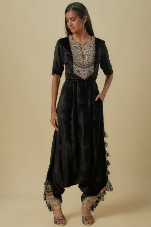 Black velvet embroidered yoke low crotch jumpsuit
