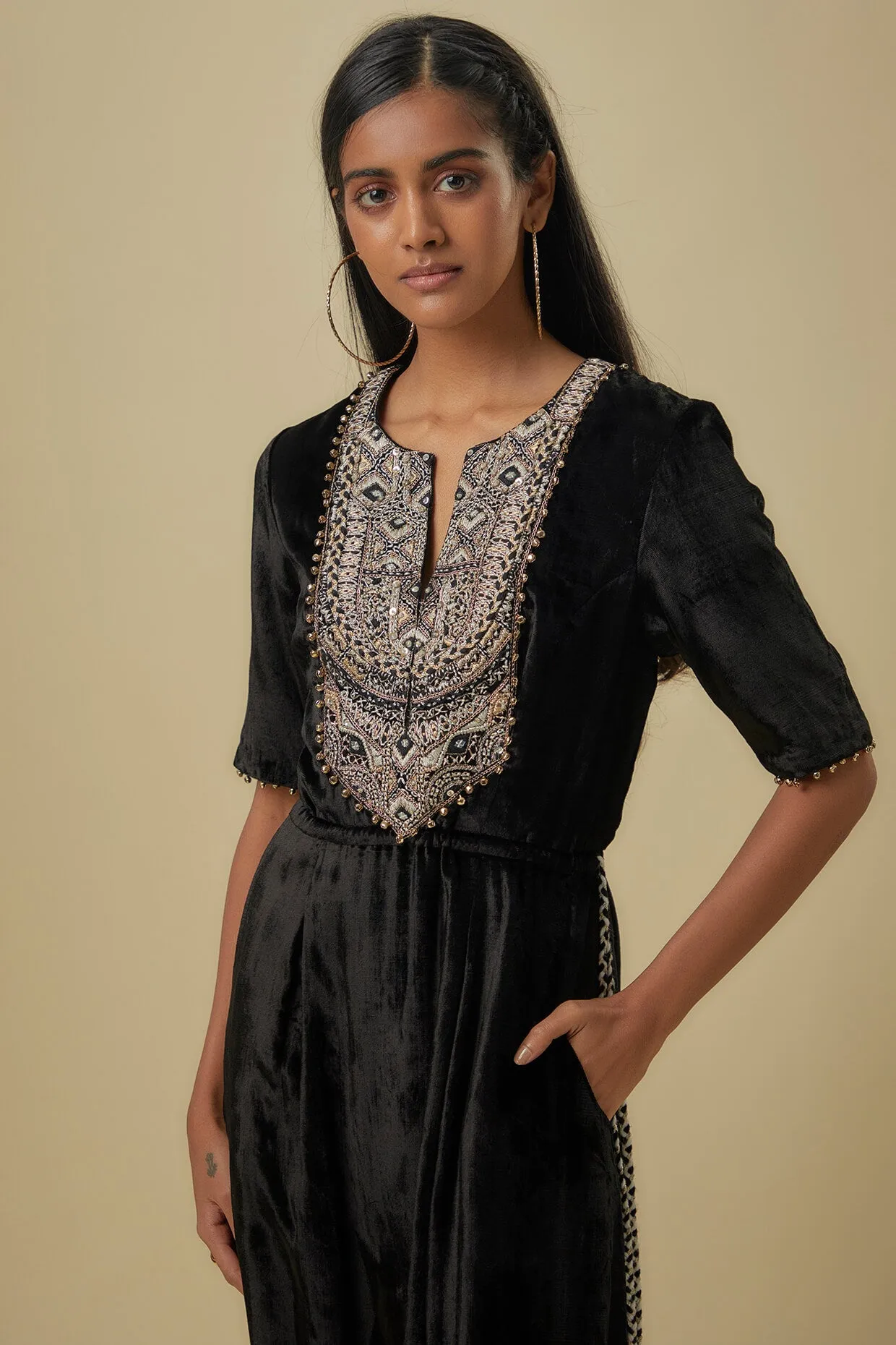 Black velvet embroidered yoke low crotch jumpsuit