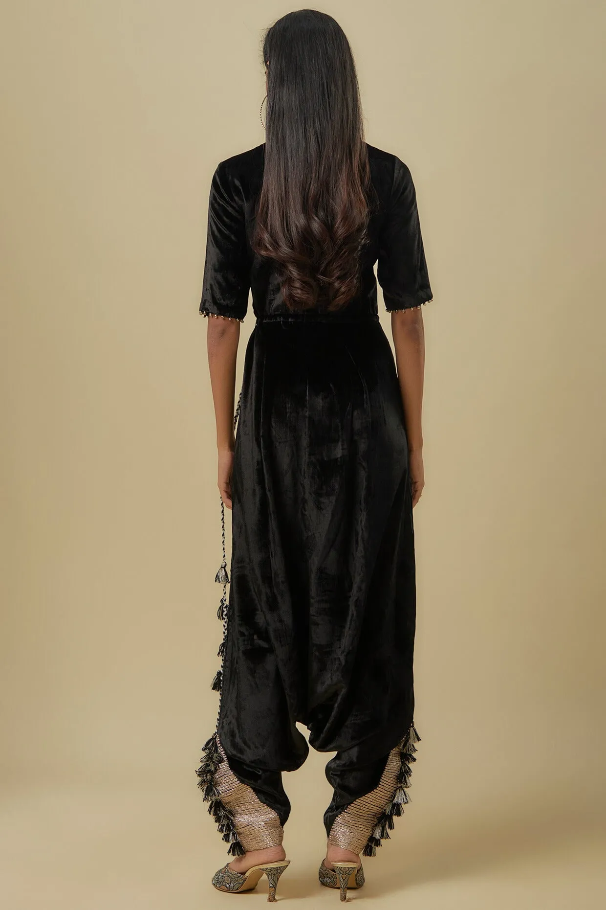 Black velvet embroidered yoke low crotch jumpsuit