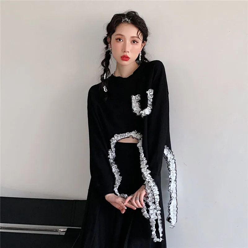 BLACK WHITE LACE IRREGULAR CROP TOP UB2831