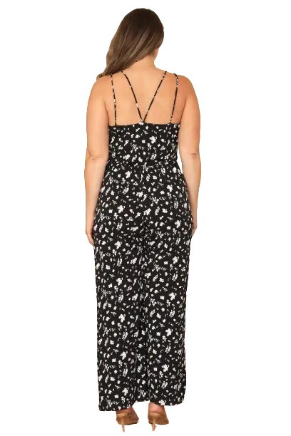 Black White Plus Size Y Neck Strap Floral Jumpsuit - Pack of 6