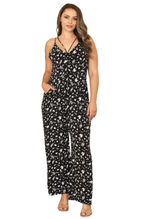 Black White Plus Size Y Neck Strap Floral Jumpsuit - Pack of 6