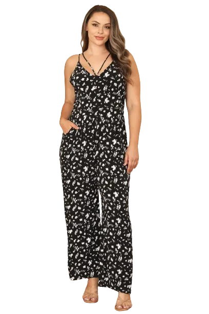 Black White Plus Size Y Neck Strap Floral Jumpsuit - Pack of 6