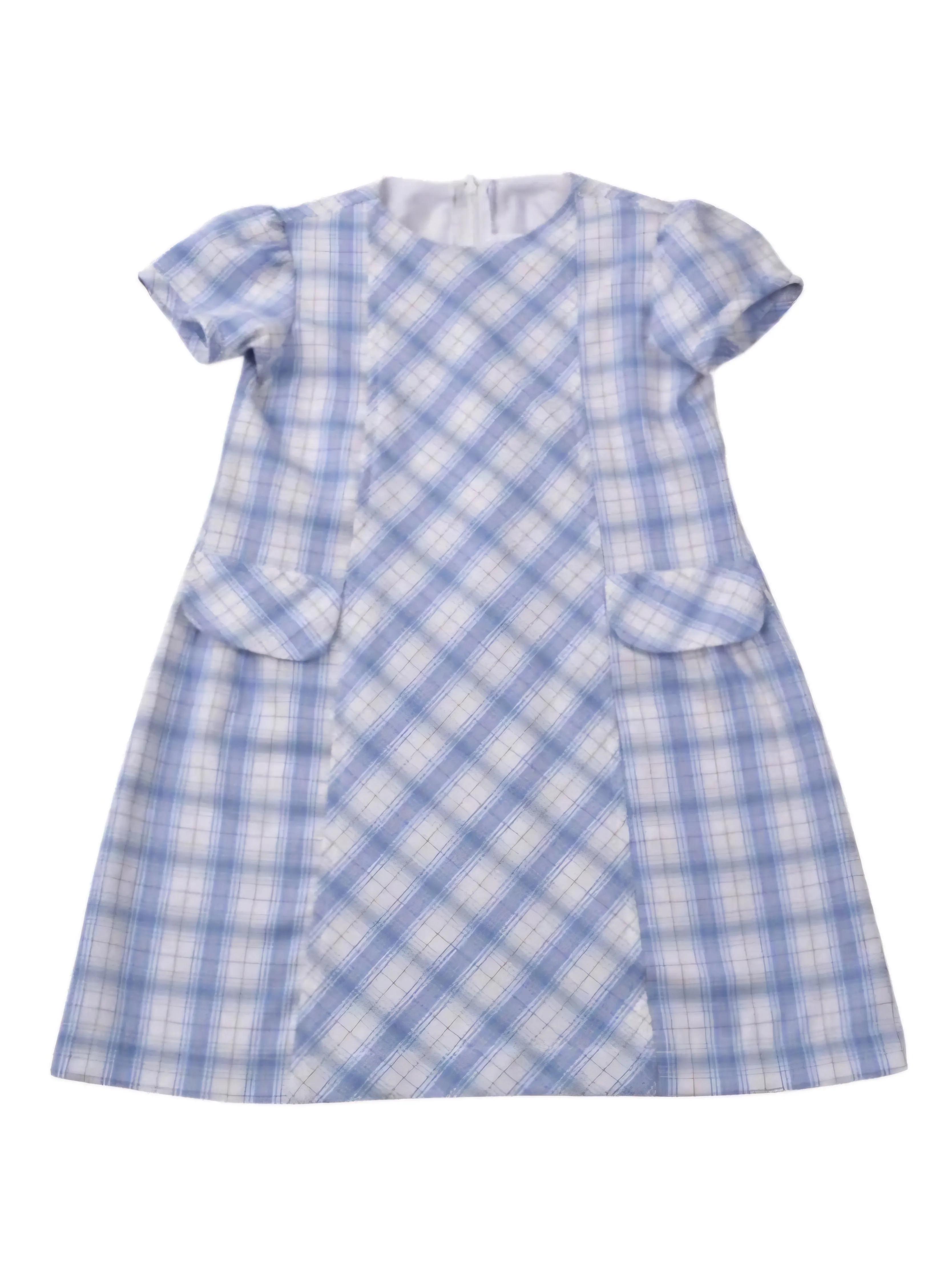 Blue & Tan Contrast Plaid Dress