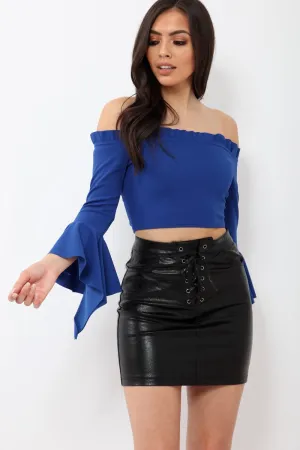 Blue Bardot Frill Crop Top with Flared Sleeves - Tiffy