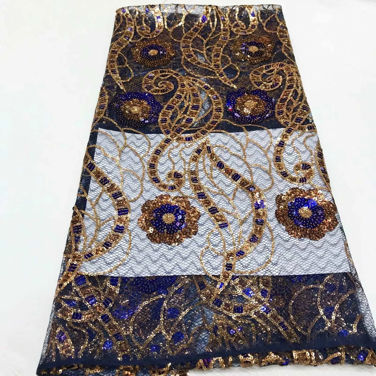 Blue Color with Golden Embroidery Designed Transparent English Silk Cord Laces