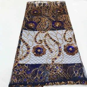 Blue Color with Golden Embroidery Designed Transparent English Silk Cord Laces