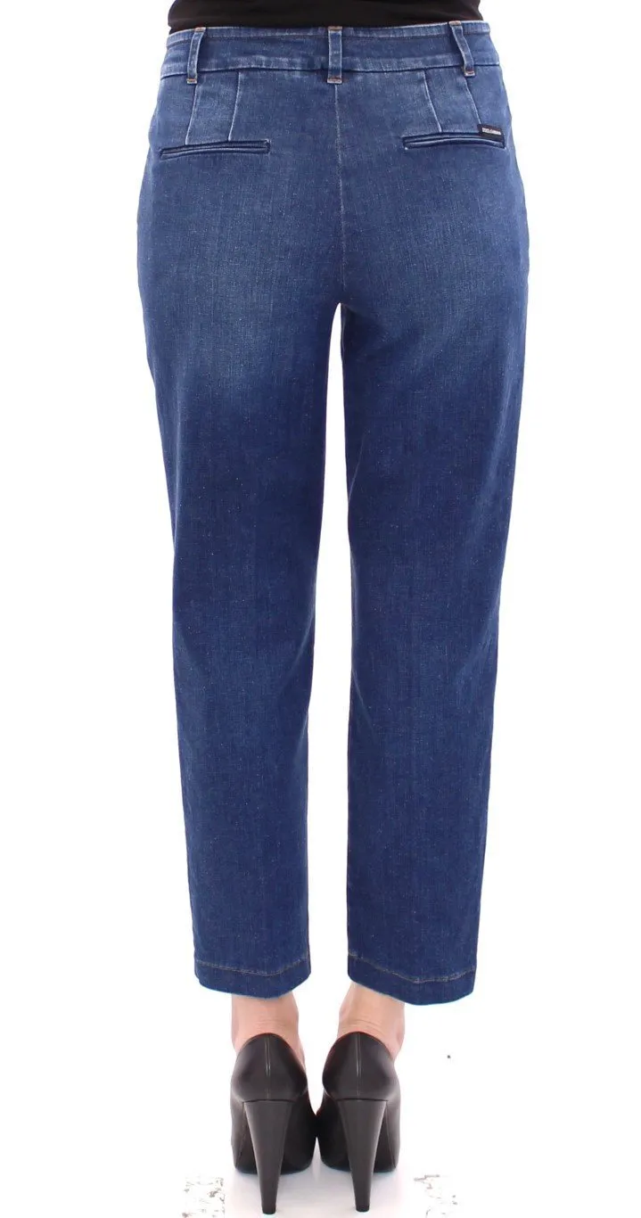 Blue Cotton Solid Pattern Logo Jeans Pants