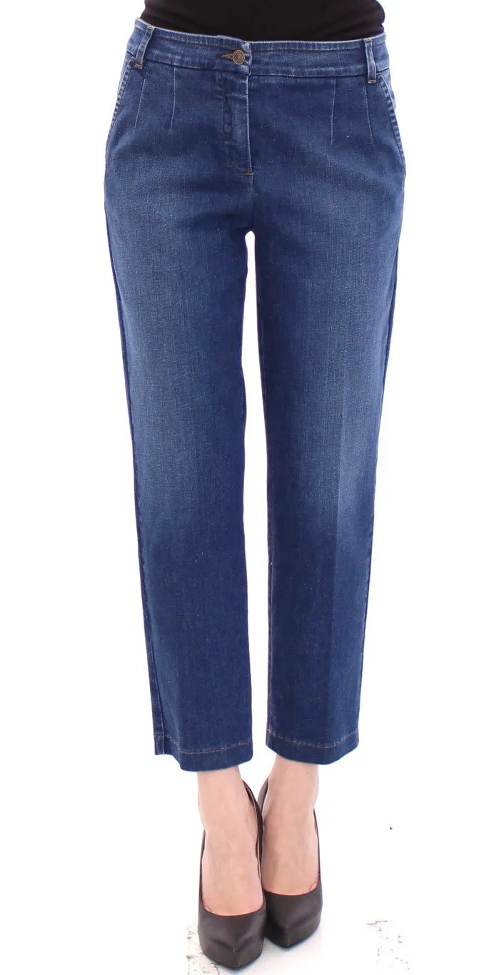 Blue Cotton Solid Pattern Logo Jeans Pants