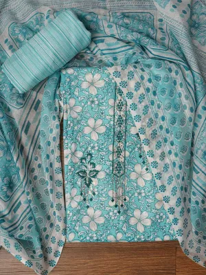 Blue Embellished Floral Printed Pure Cotton Dress Material with Dupatta