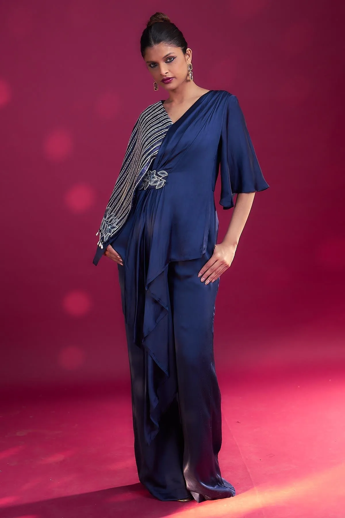 Blue Embroidered Flap Jumpsuit