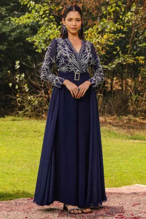 Blue Embroidered Flare Jumpsuit