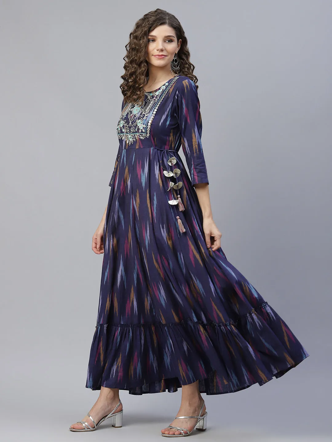 Blue Embroidered Flared Maxi Dress