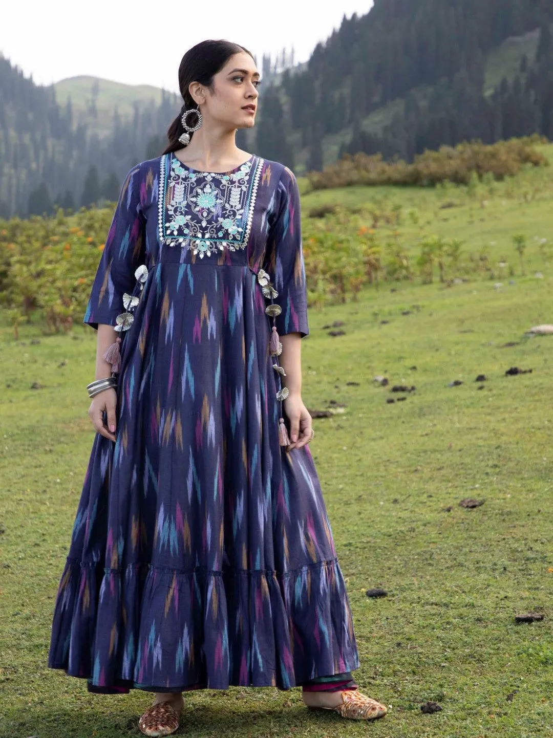 Blue Embroidered Flared Maxi Dress