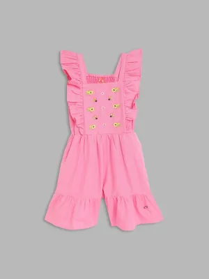 Blue Giraffe Girls Pink Embroidered Square Neck Playsuit