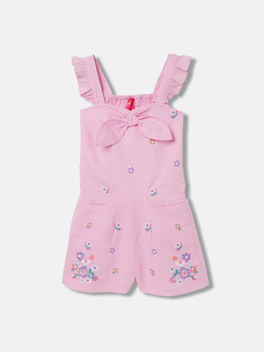 Blue Giraffe Girls Purple Embroidered Square Neck Short Sleeves Playsuit