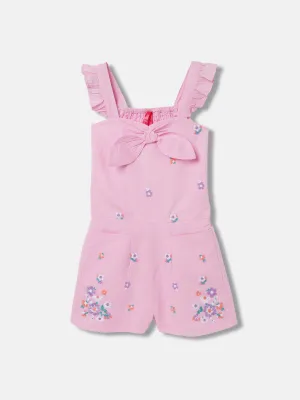 Blue Giraffe Girls Purple Embroidered Square Neck Short Sleeves Playsuit