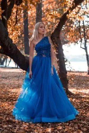 Blue one shoulder tulle lace long prom dress, blue tulle formal dress APP0713