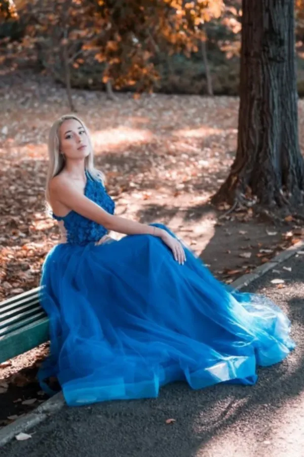 Blue one shoulder tulle lace long prom dress, blue tulle formal dress APP0713