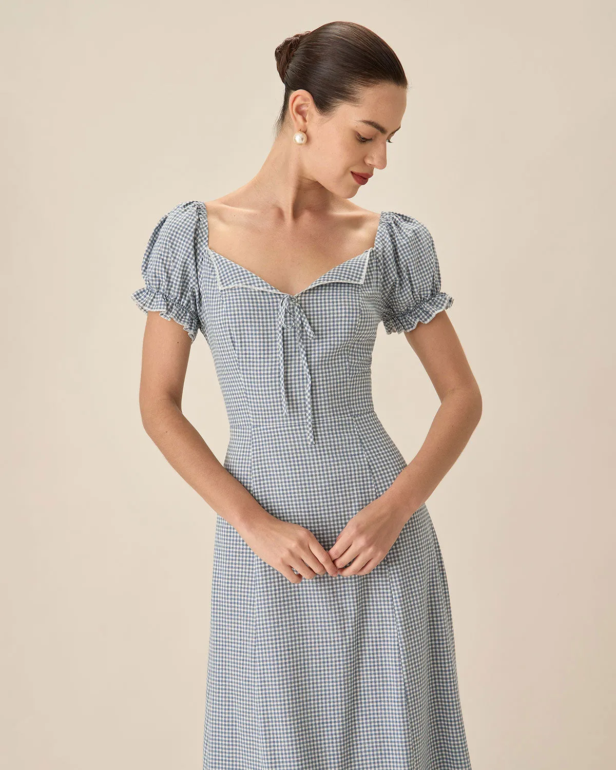 Blue Plaid Sweetheart Neck Midi Dress