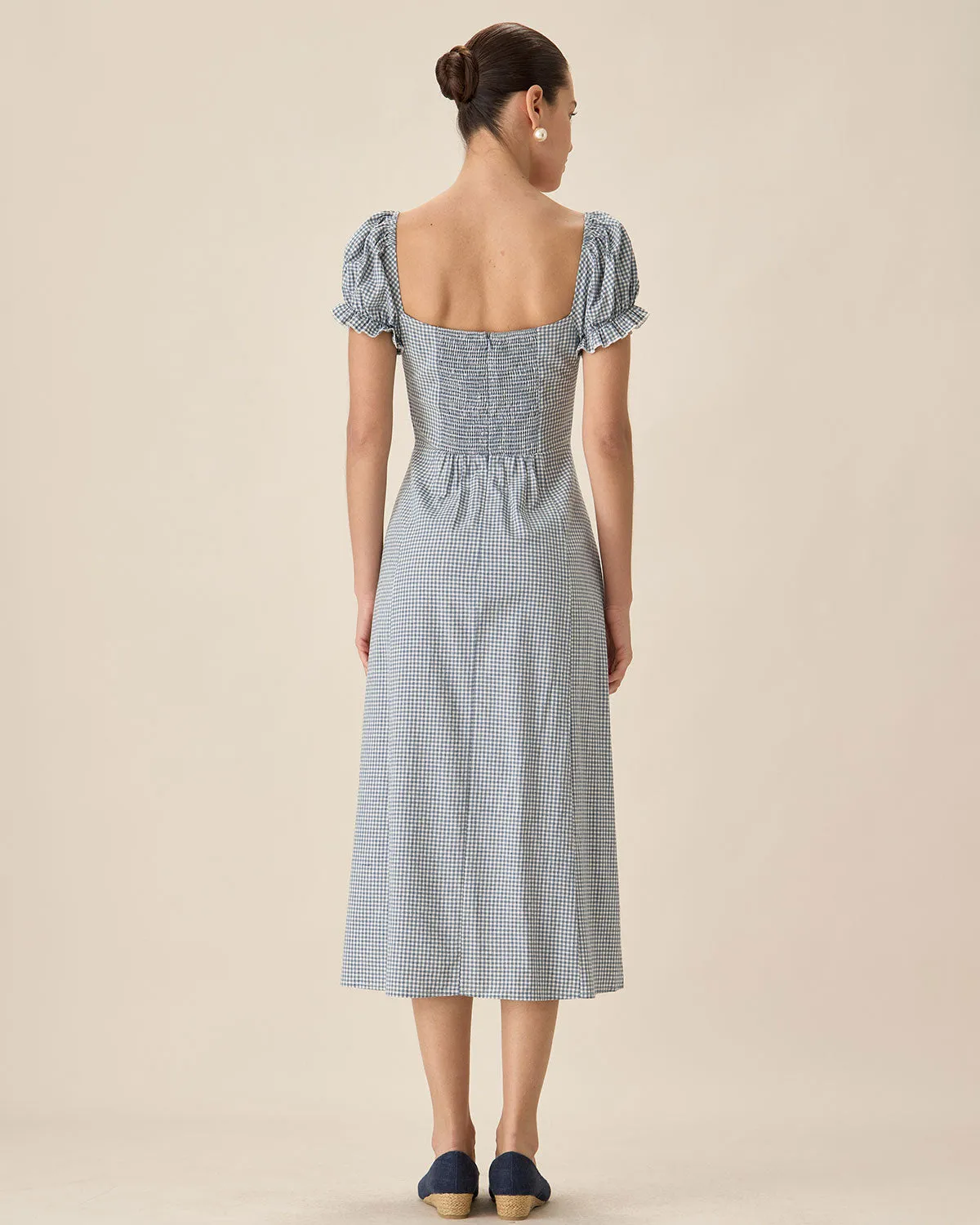Blue Plaid Sweetheart Neck Midi Dress