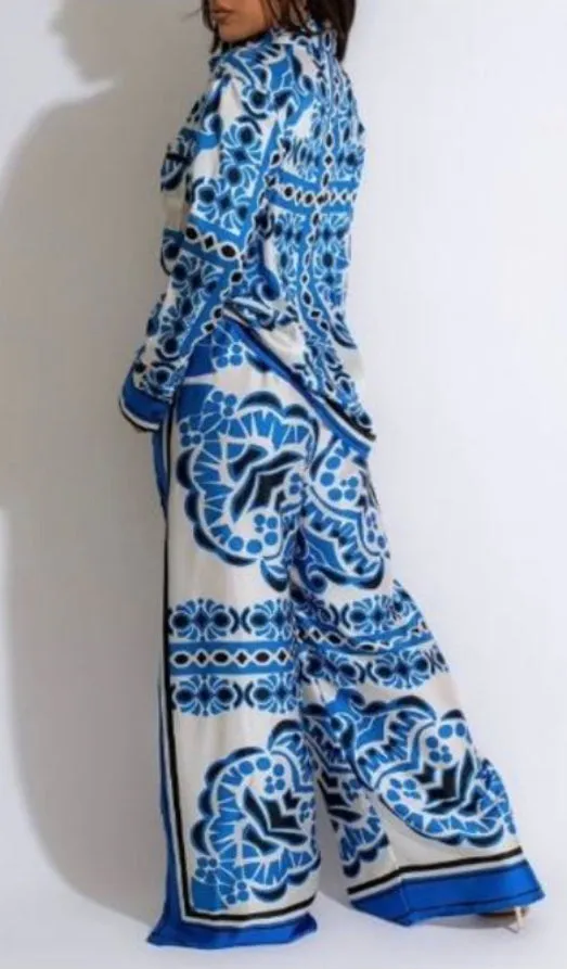 Blue Printed High Waisted Pants Set