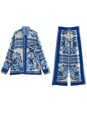 Blue Printed High Waisted Pants Set
