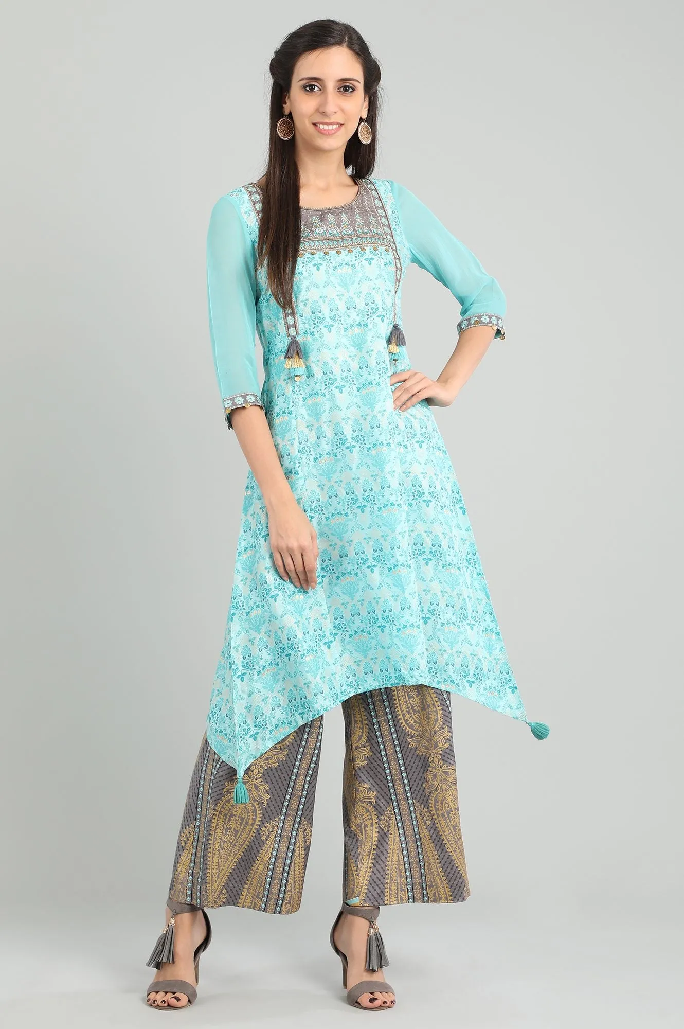 Blue Round Neck Handkerchief Hemline kurta Set