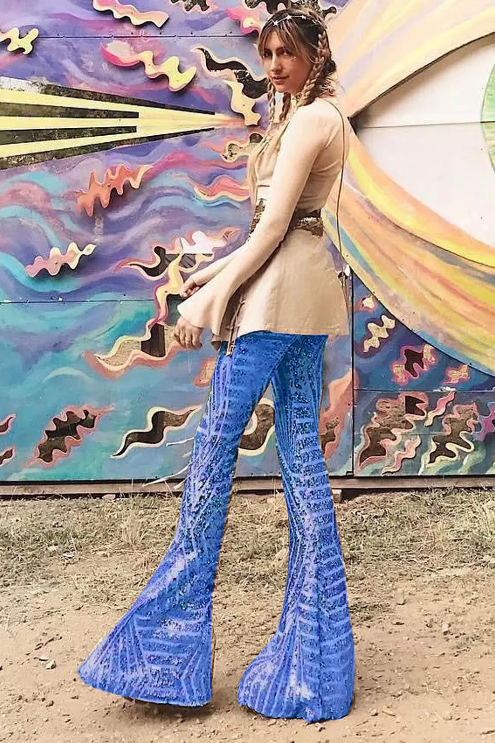 Blue Sequin Wide Leg Pants
