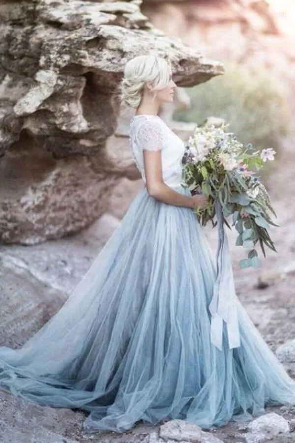 Blue Tulle Lace Top A-line Short Sleeves Wedding Dresses, Bridal Gown, MW628