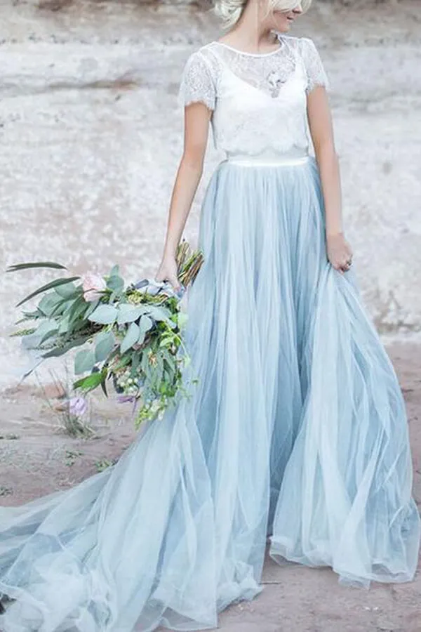 Blue Tulle Lace Top A-line Short Sleeves Wedding Dresses, Bridal Gown, MW628