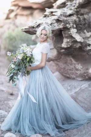 Blue Tulle Lace Top A-line Short Sleeves Wedding Dresses, Bridal Gown, MW628