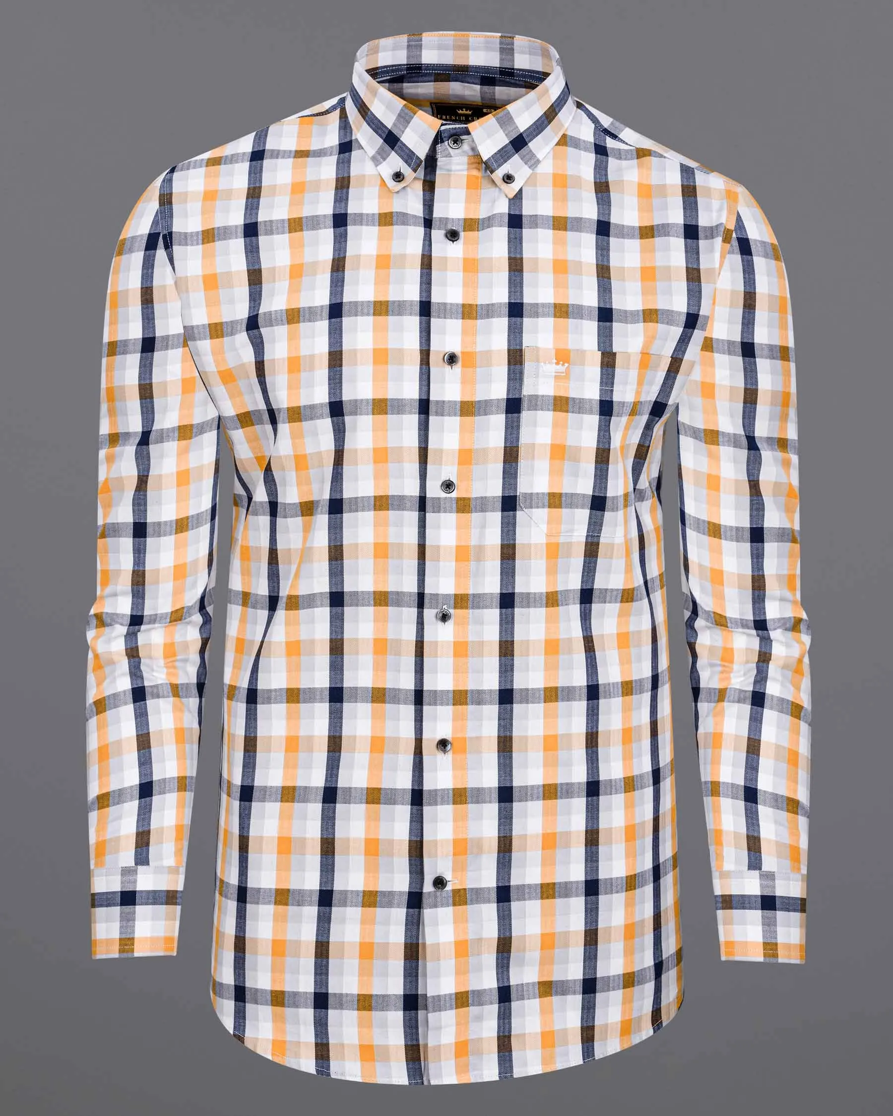 Bluish Blue with Macaroni and Ceramic White Plaid Herringbone Premium Cotton Shirt