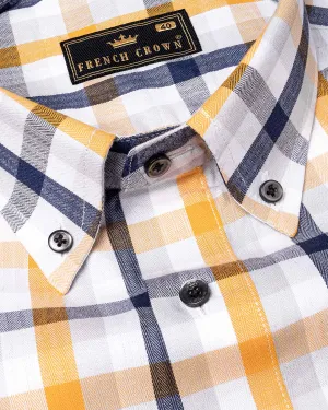 Bluish Blue with Macaroni and Ceramic White Plaid Herringbone Premium Cotton Shirt